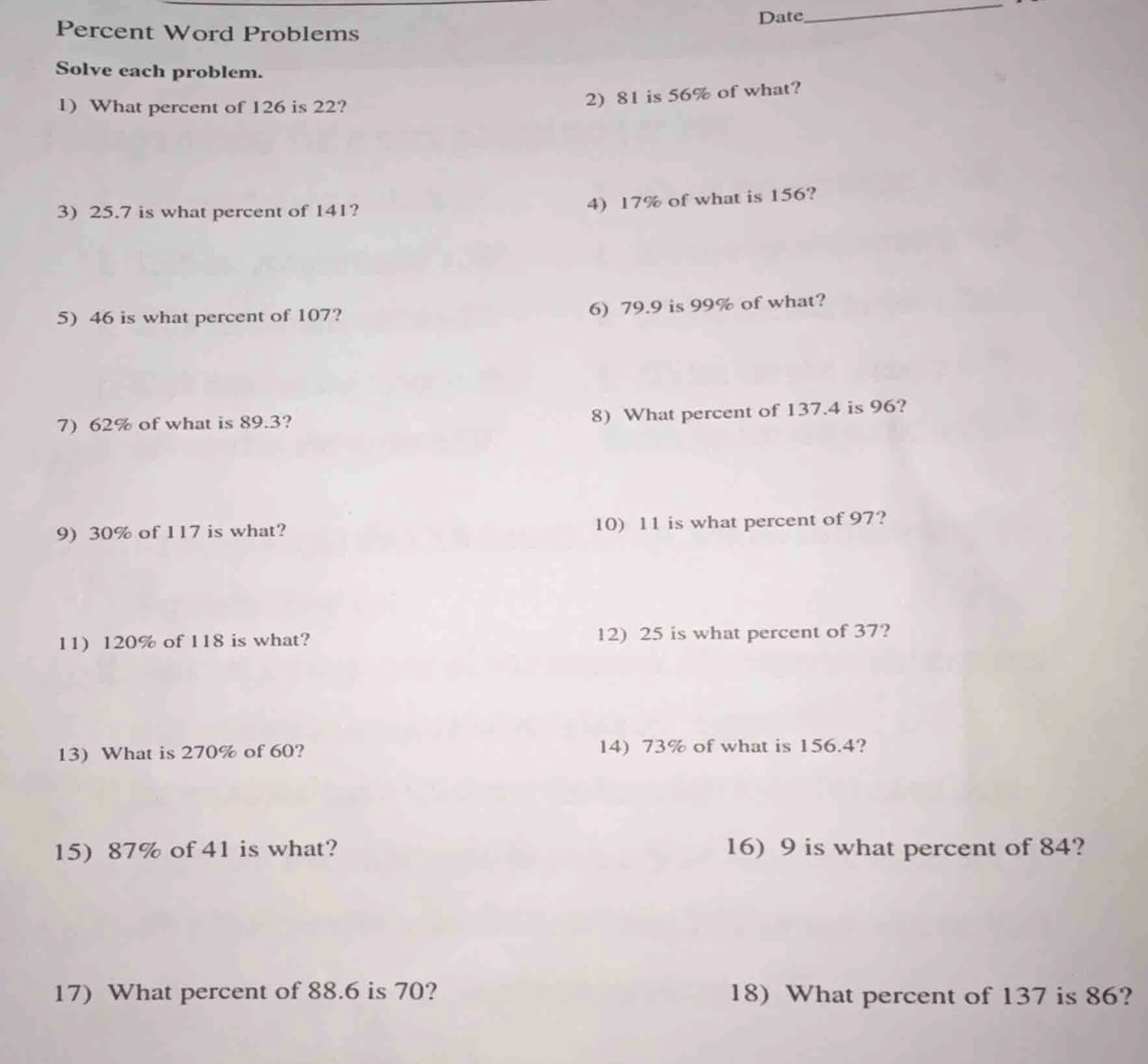 percent word problems solve each problem. 1) what percent of 126 is 22?…