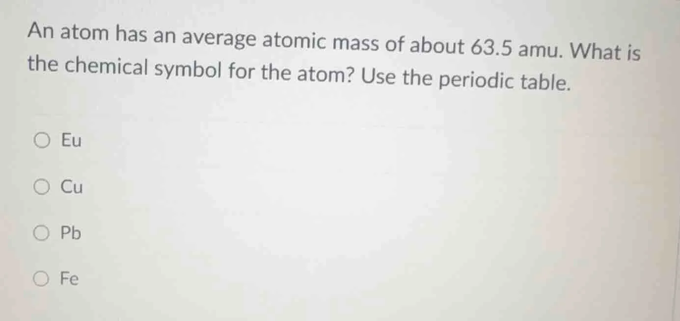 an atom has an average atomic mass of about 63.5 amu. what is the chemi…