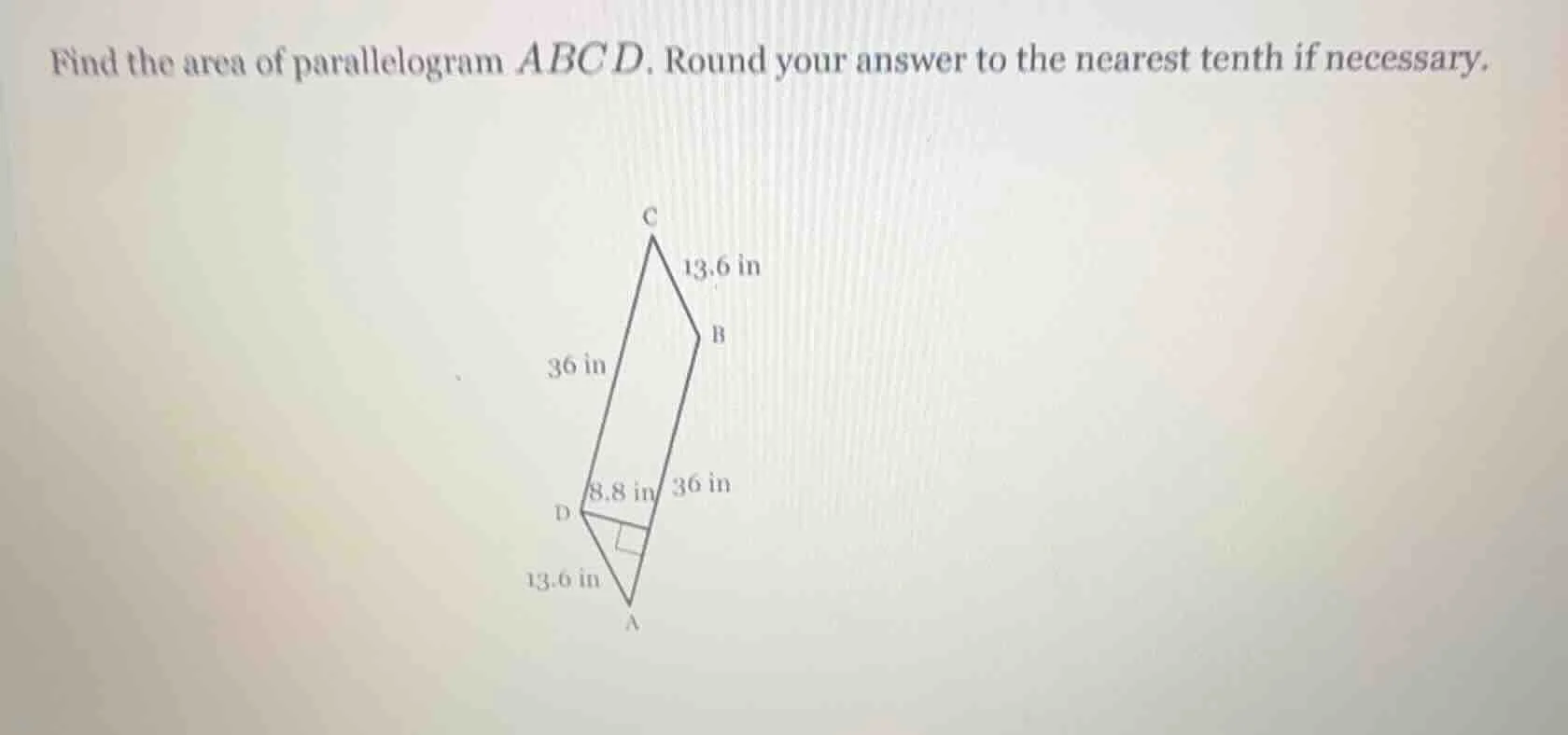 find the area of parallelogram abcd. round your answer to the nearest t…