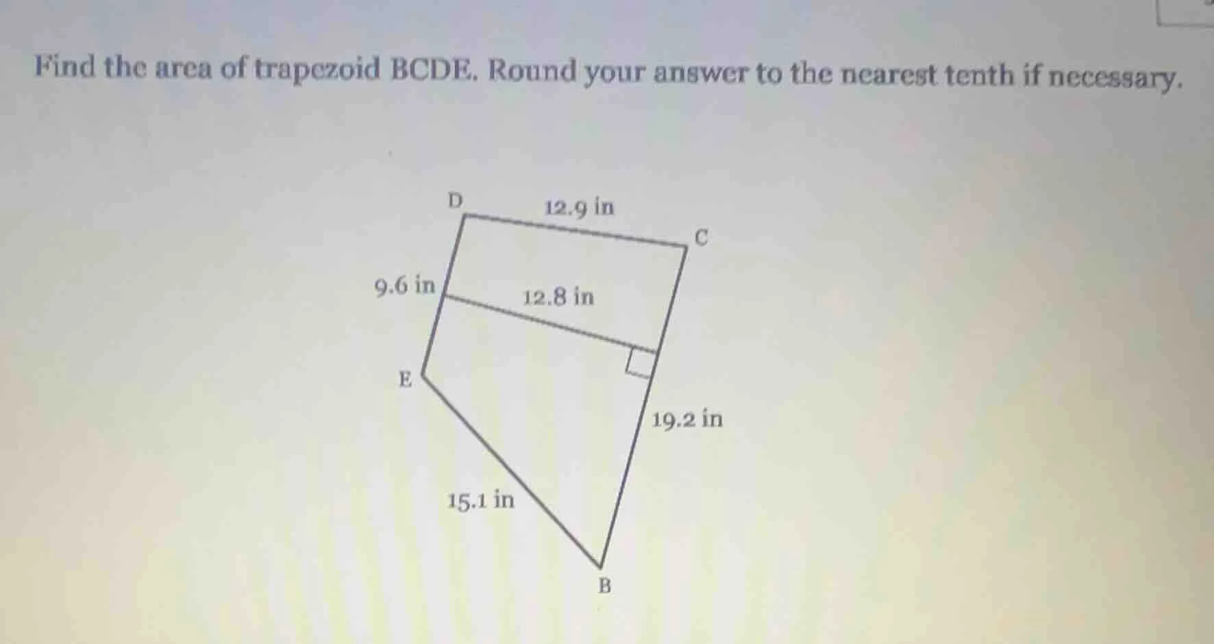 find the area of trapezoid bcde. round your answer to the nearest tenth…