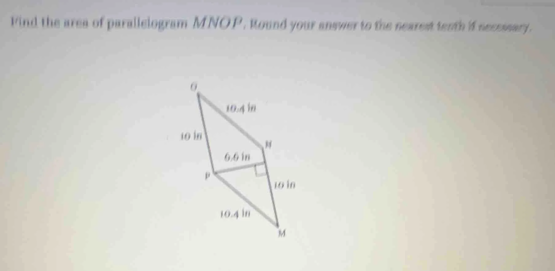 find the area of parallelogram mnop. round your answer to the nearest t…
