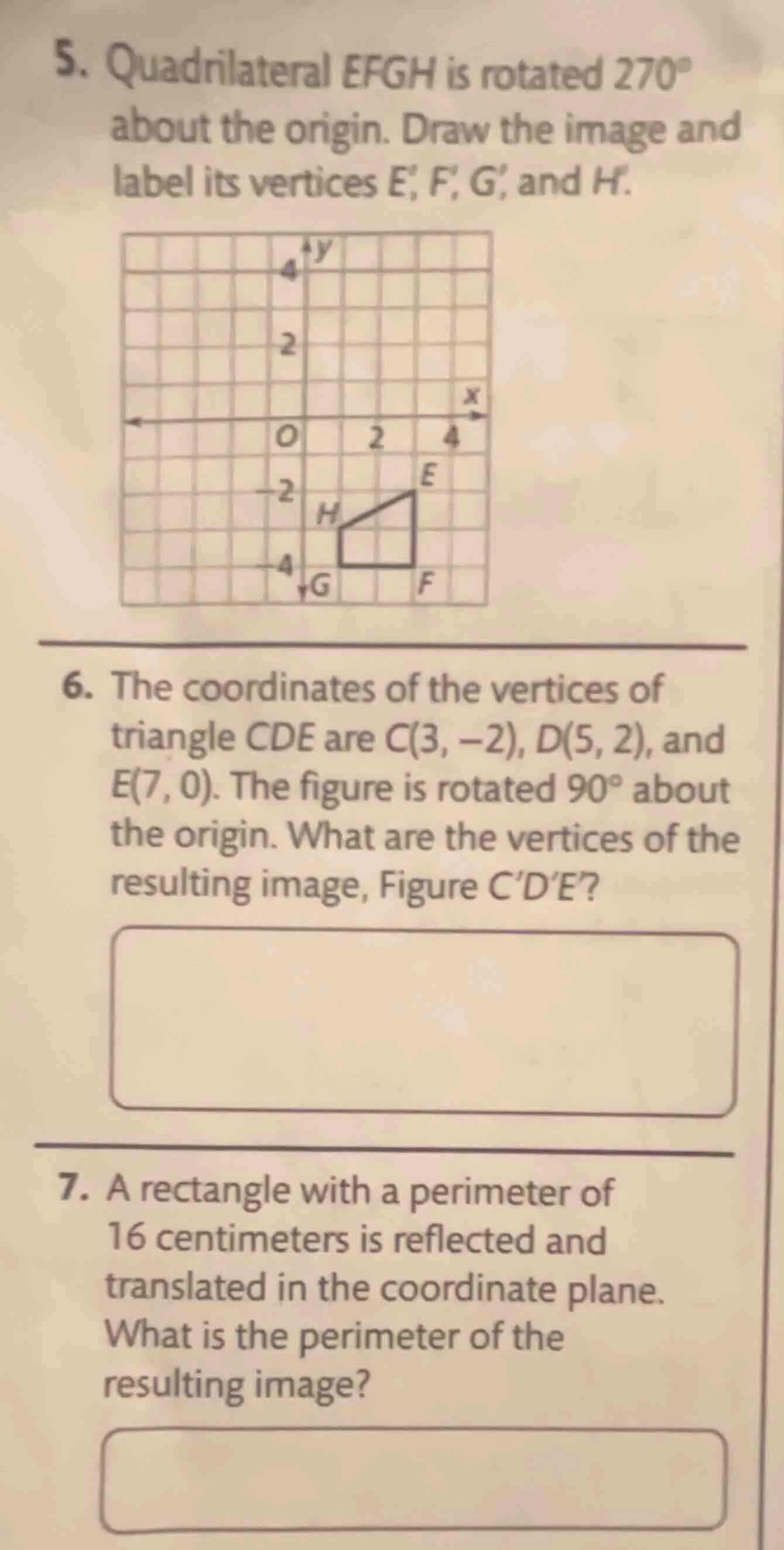 5. quadrilateral efgh is rotated 270° about the origin. draw the image …