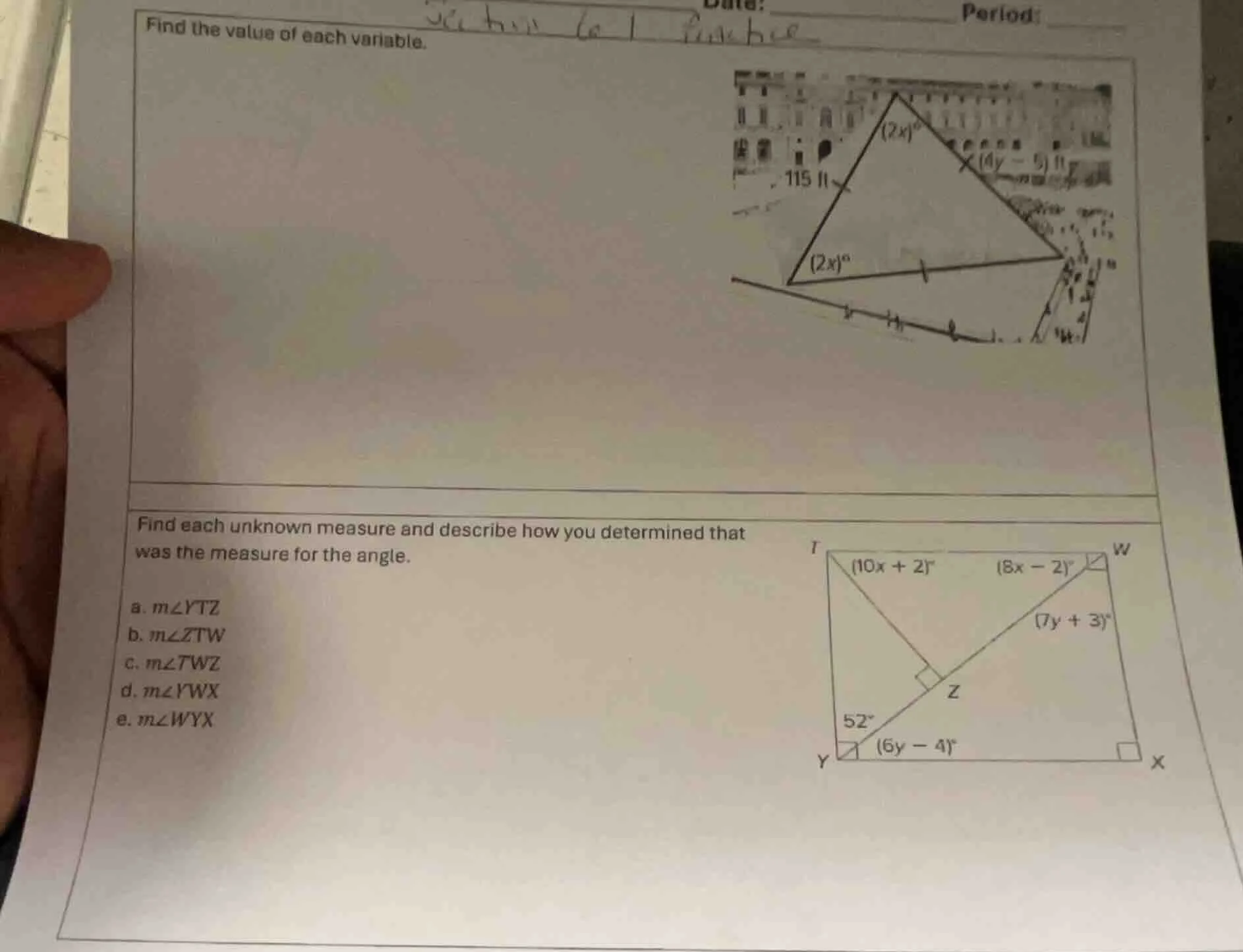 find the value of each variable. find each unknown measure and describe…