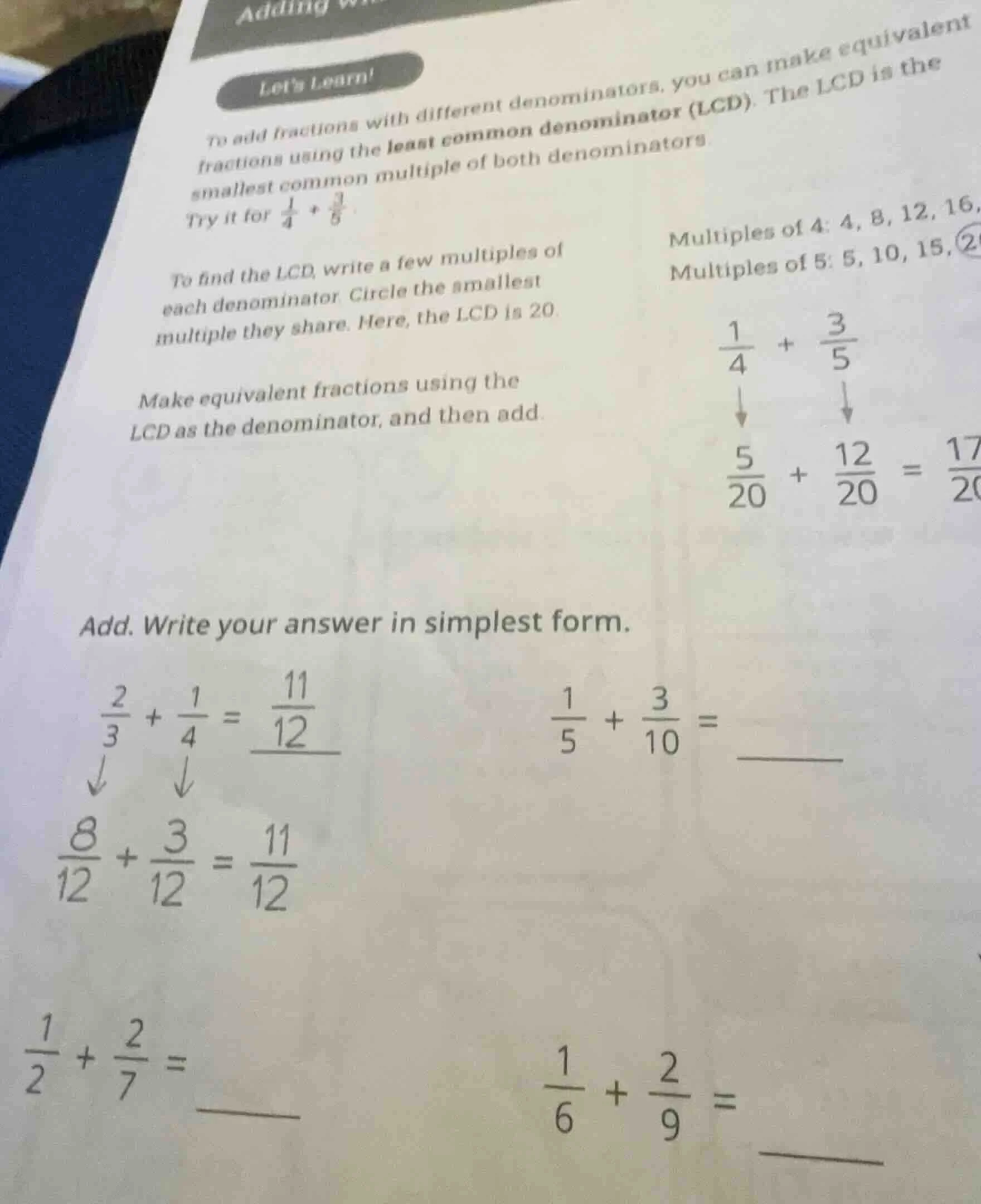 lets learn! to add fractions with different denominators, you can make …