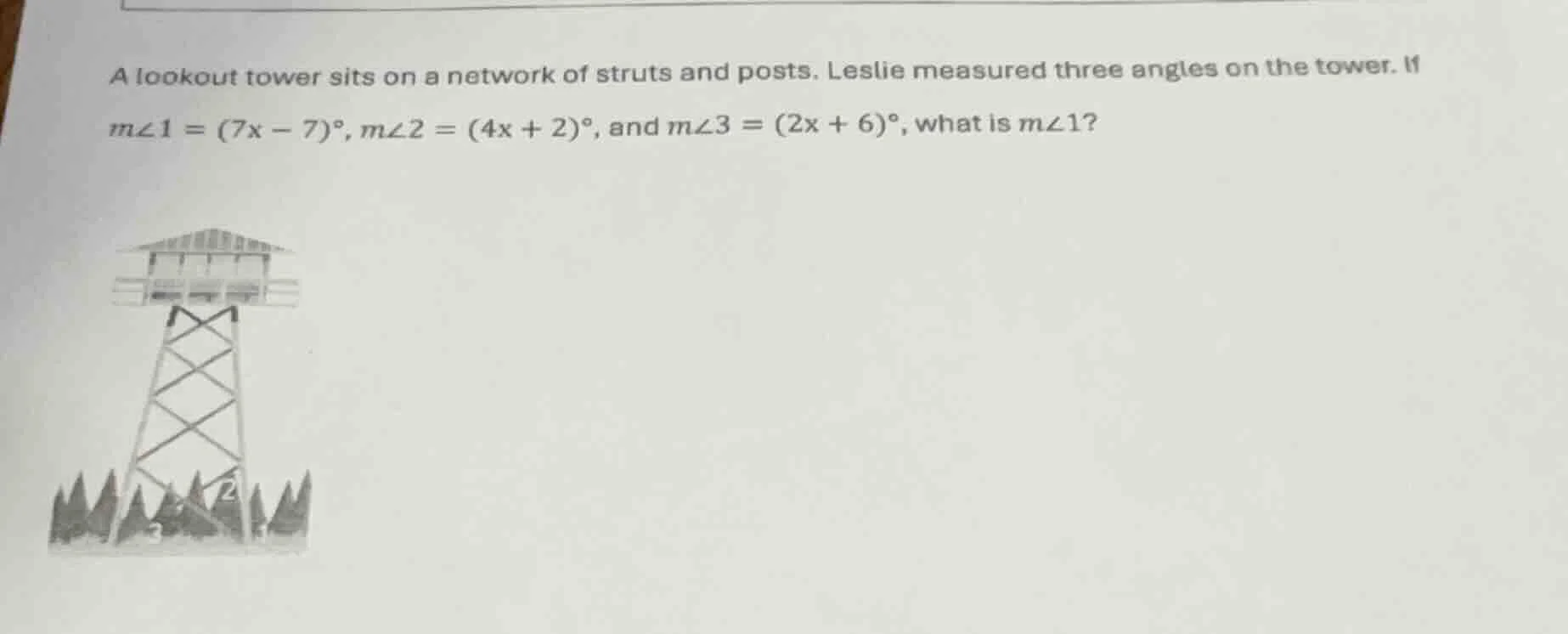 a lookout tower sits on a network of struts and posts. leslie measured …