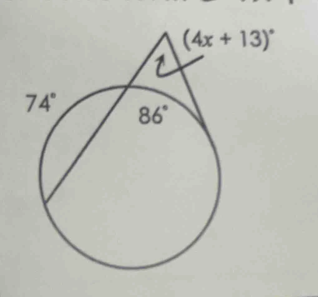 there is a circle, and a triangle outside the circle. the circle has an…