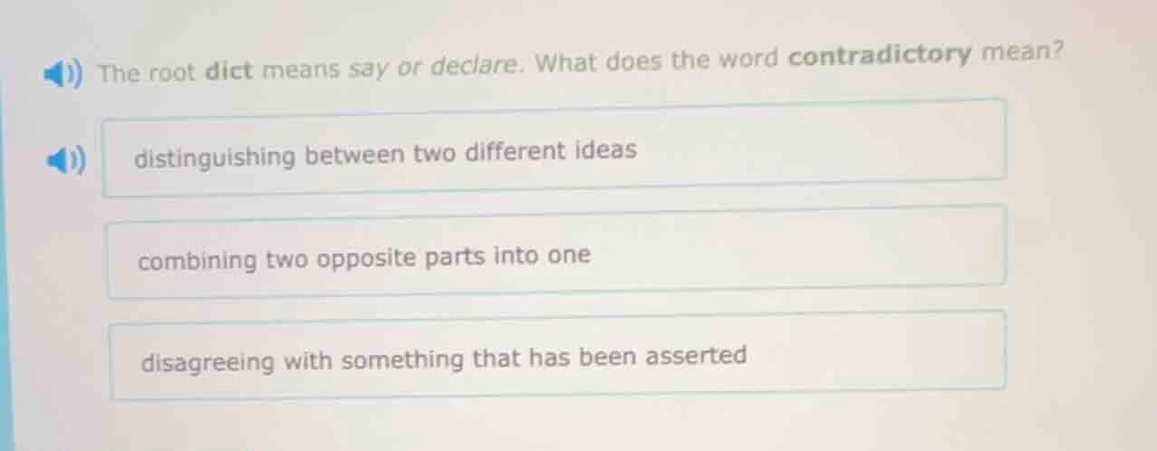 the root dict means say or declare. what does the word contradictory me…