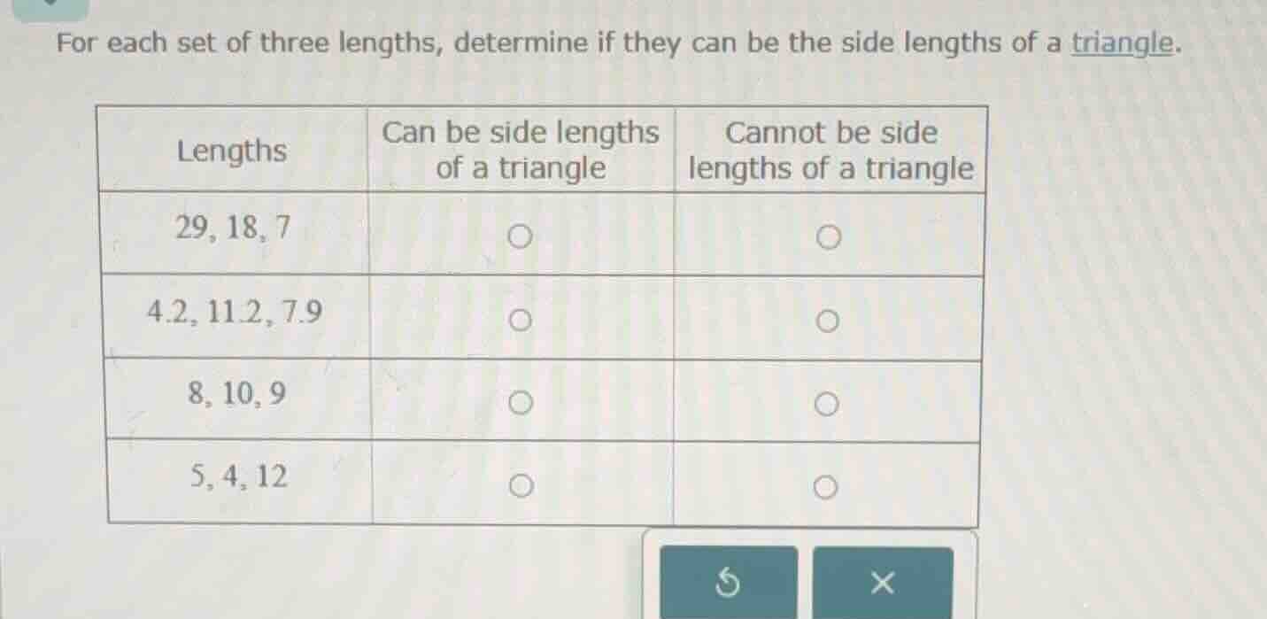 for each set of three lengths, determine if they can be the side length…