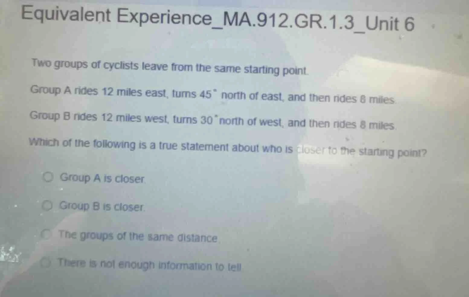 equivalent experience_ma.912.gr.1.3_unit 6 two groups of cyclists leave…