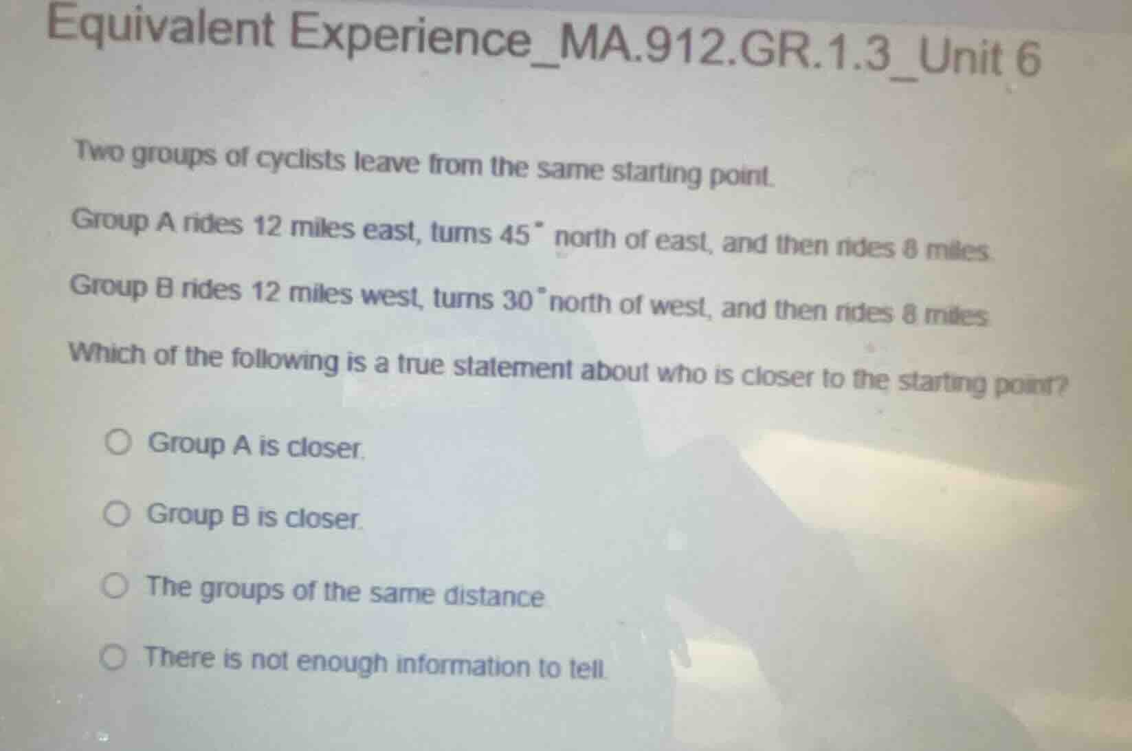 equivalent experience_ma.912.gr.1.3_unit 6 two groups of cyclists leave…