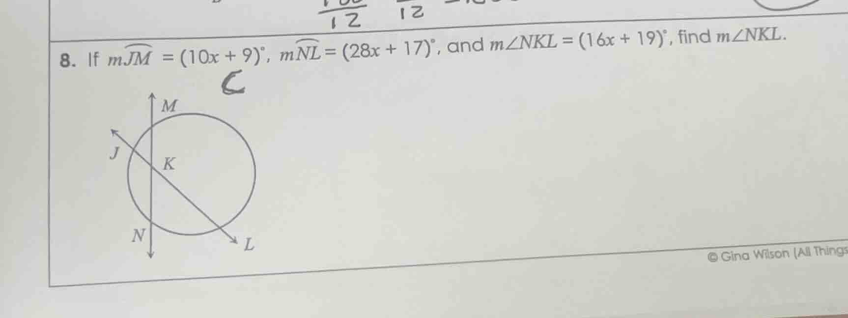 8. if ( moverarc{jm} = (10x + 9)^circ ), ( moverarc{nl} = (28x + 17)^ci…