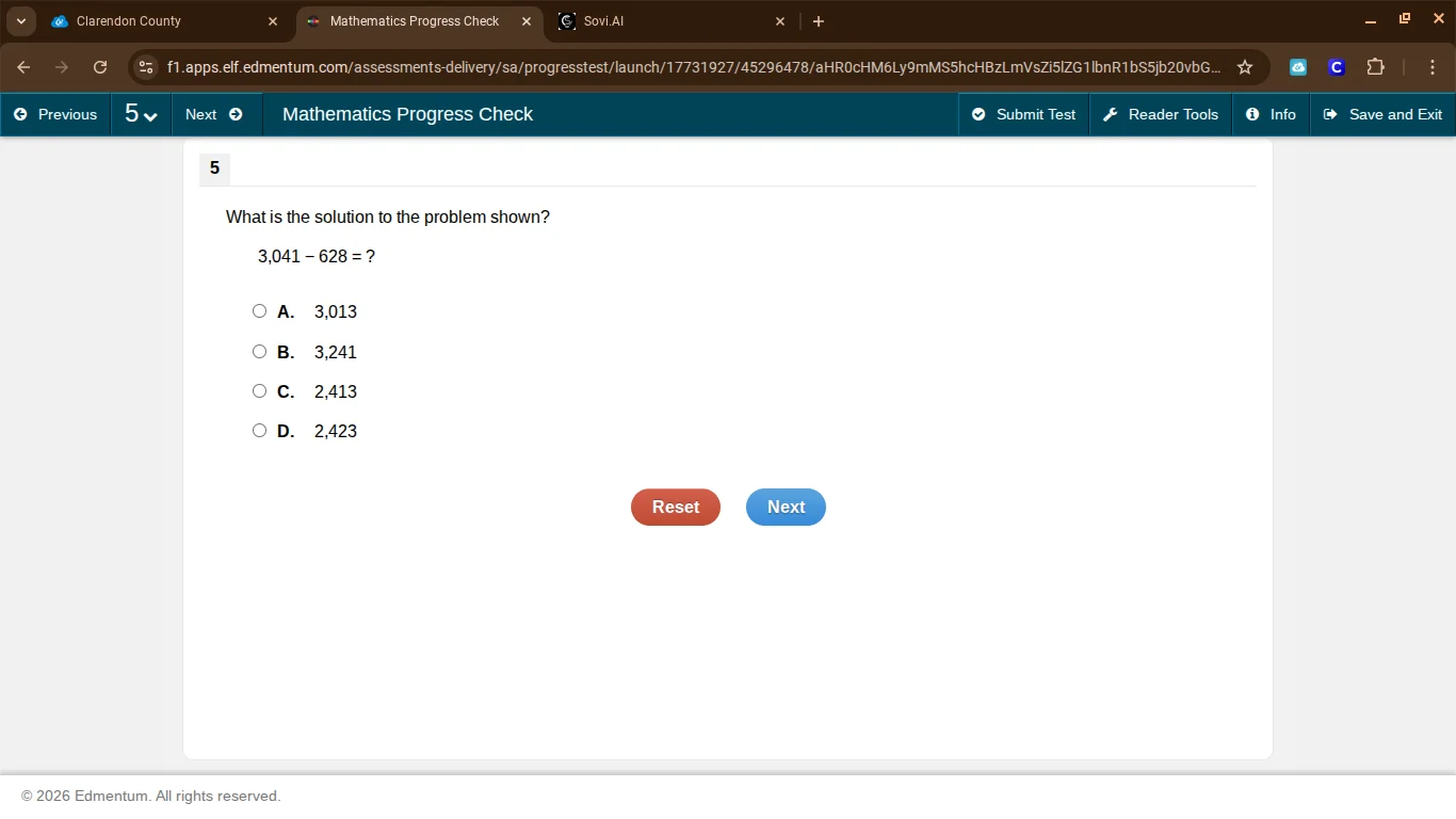 what is the solution to the problem shown? 3,041 - 628 = ? a. 3,013 b. …