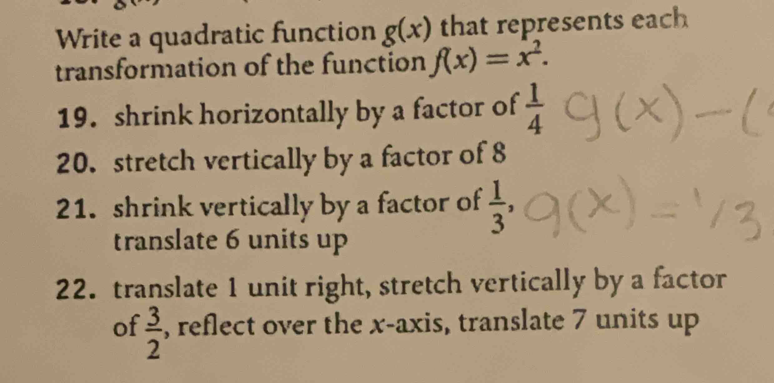 write a quadratic function g(x) that represents each transformation of …