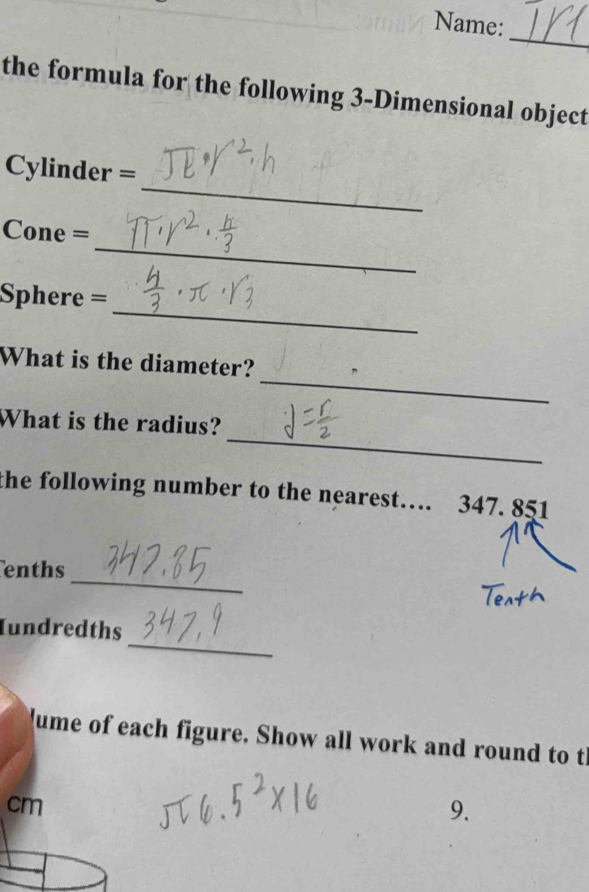 name: the formula for the following 3 - dimensional object cylinder = c…