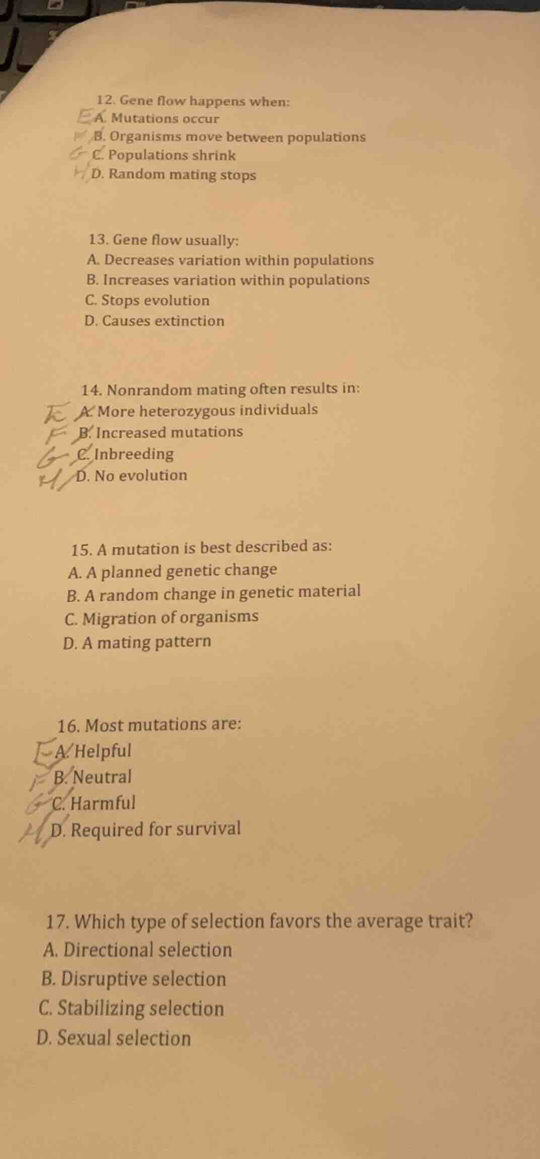 12. gene flow happens when: a. mutations occur b. organisms move betwee…