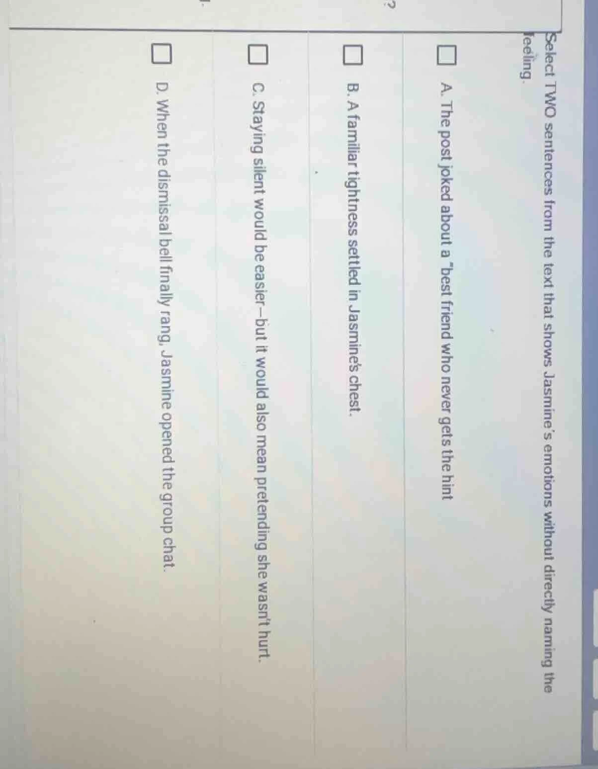 select two sentences from the text that shows jasmine’s emotions withou…