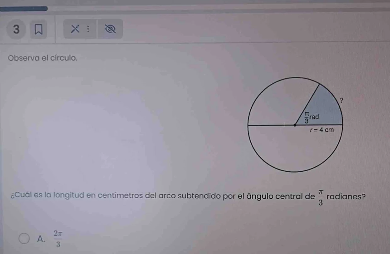 observa el círculo. ¿cuál es la longitud en centímetros del arco subten…