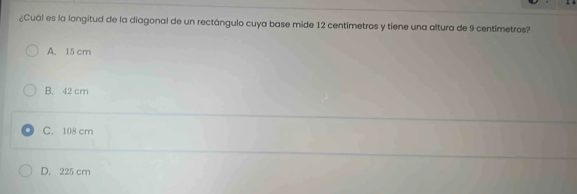 ¿cuál es la longitud de la diagonal de un rectángulo cuya base mide 12 …
