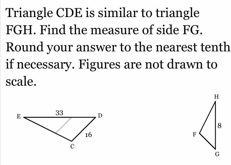 triangle cde is similar to triangle fgh. find the measure of side fg. r…