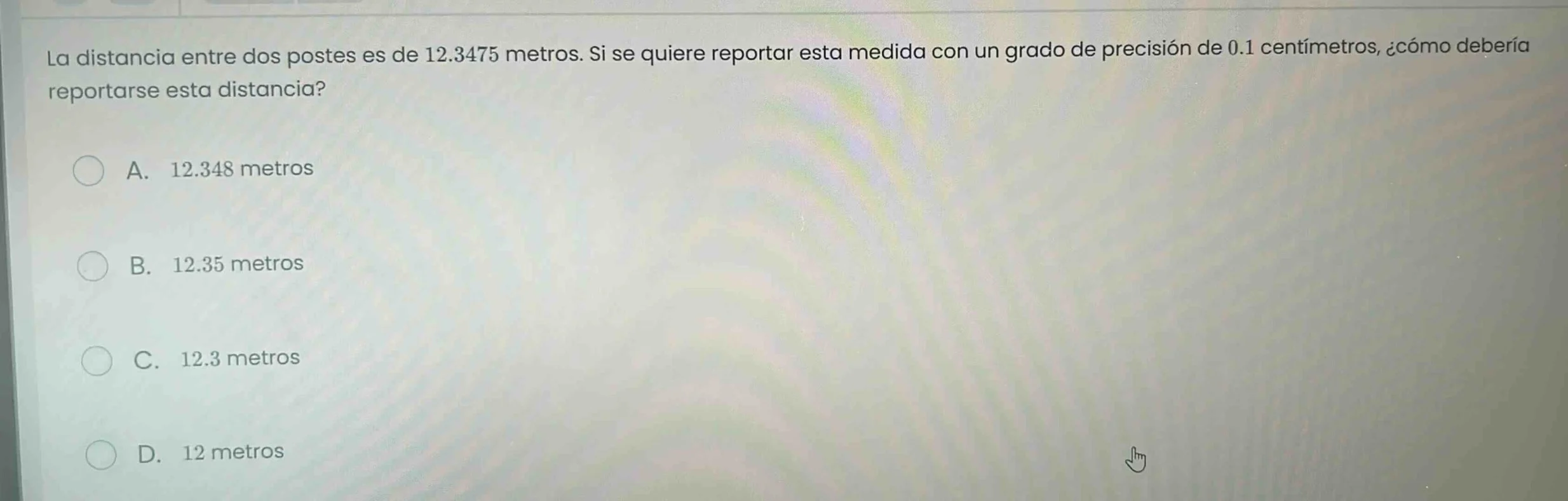 la distancia entre dos postes es de 12.3475 metros. si se quiere report…