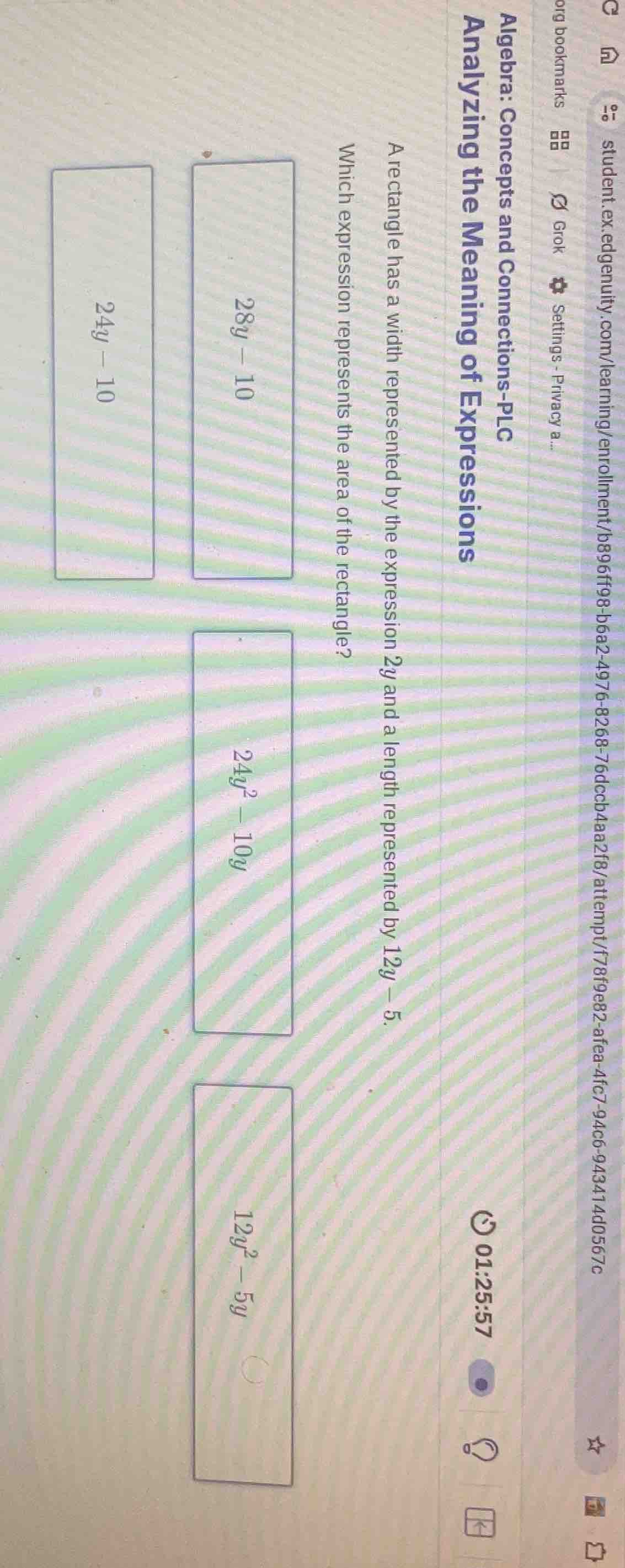 a rectangle has a width represented by the expression (2y) and a length…