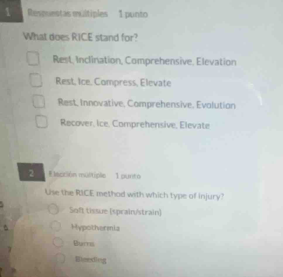 1 respuesta múltiple 1 punto what does rice stand for? □ rest, inclinat…