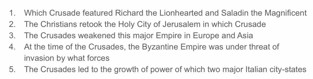 1. which crusade featured richard the lionhearted and saladin the magni…