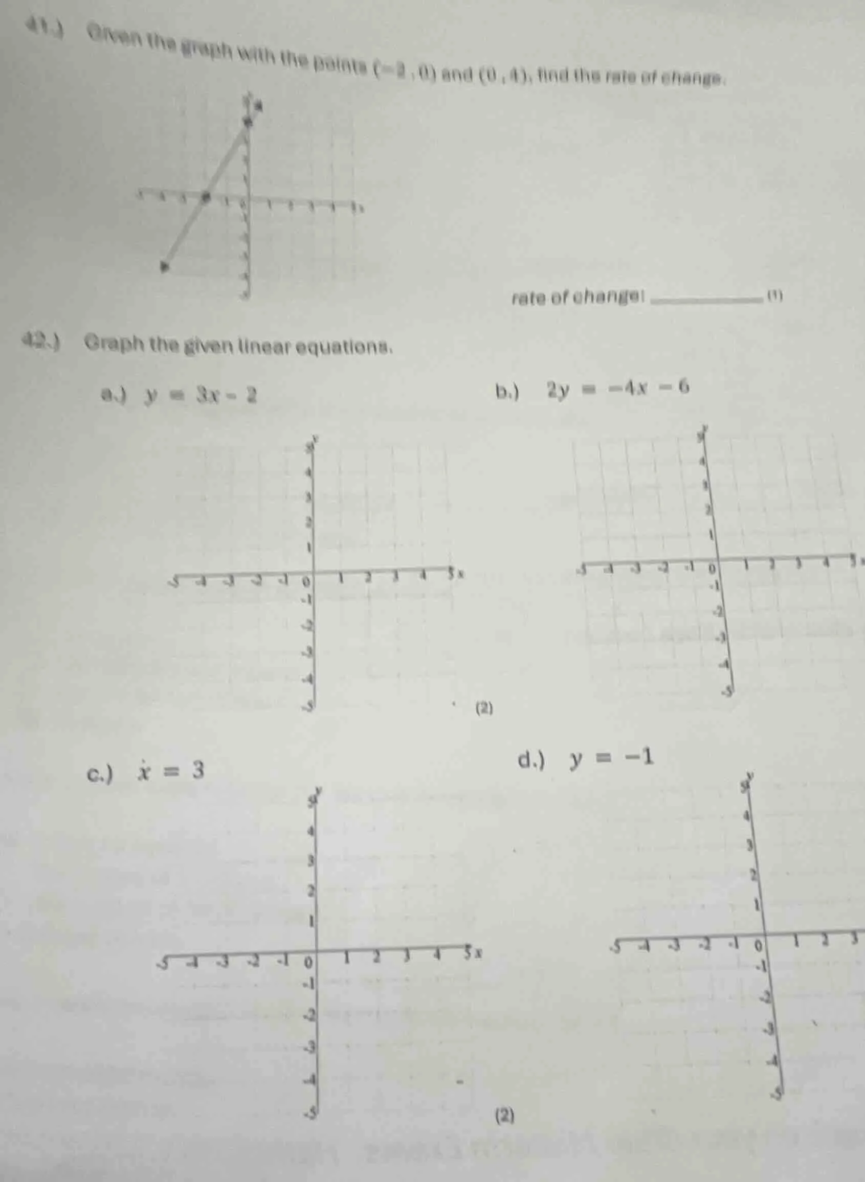 41.) given the graph with the points (-2, 0) and (0, 4), find the rate …