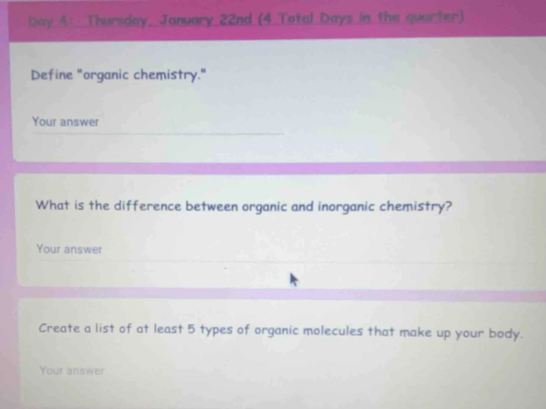 day 4: thursday, january 22nd (4 total days in the quarter) define \org…