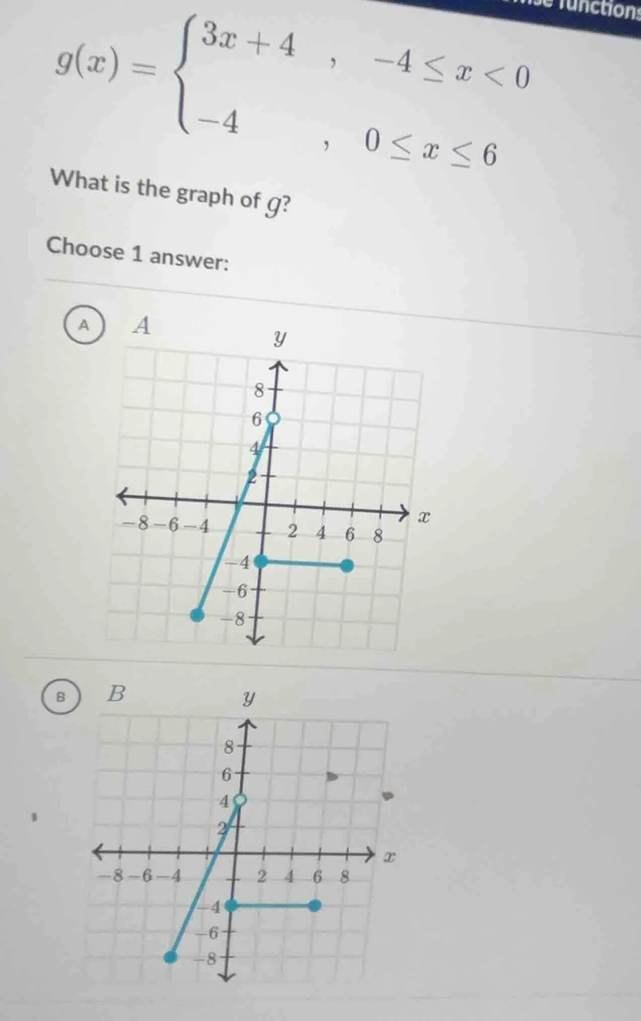 g(x) = \\begin{cases} 3x + 4, & -4 \\leq x < 0 \\\\ -4, & 0 \\leq x \\l…