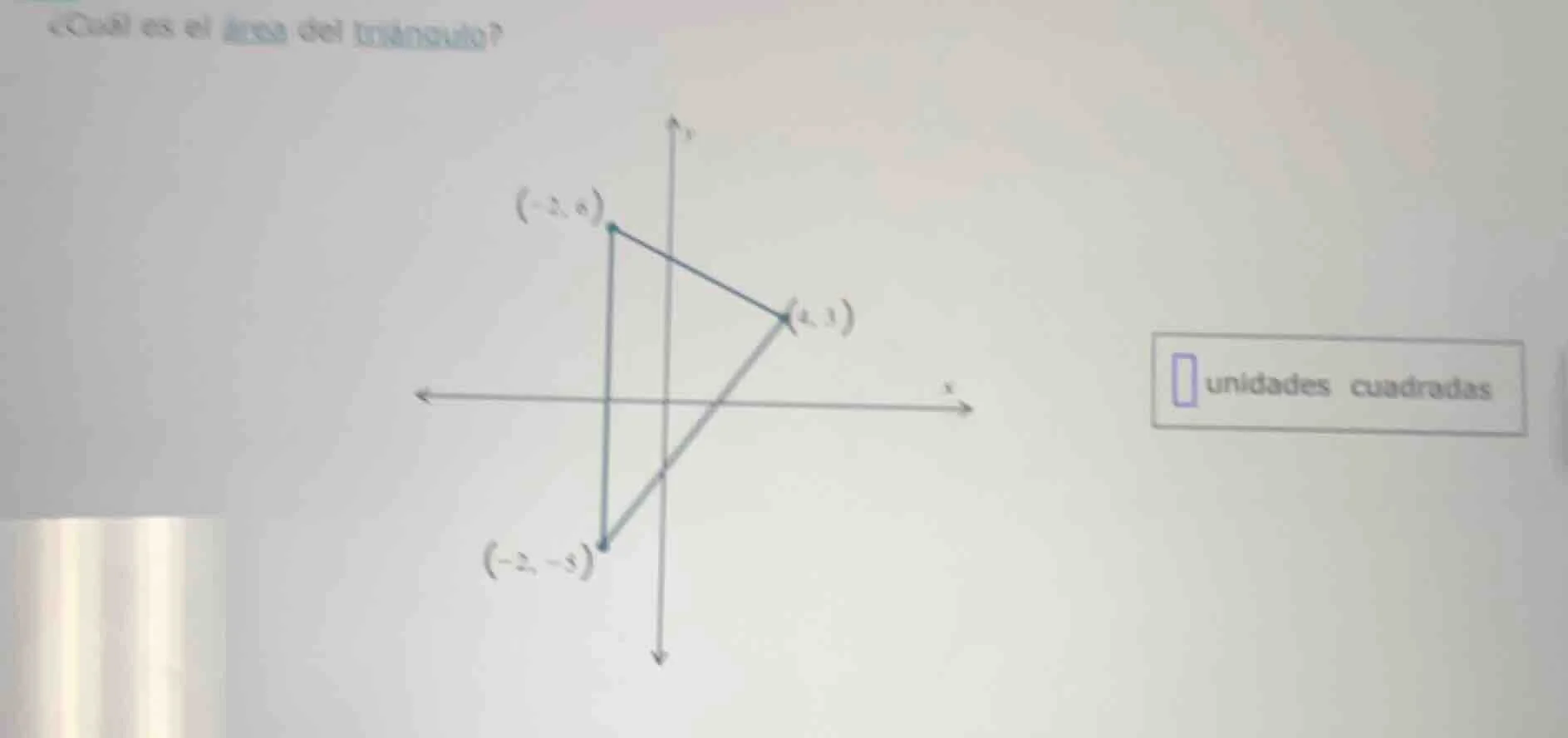 ¿cuál es el área del triángulo? ( - 2, 6) (4, 3) ( - 2, - 5) □ unidades…