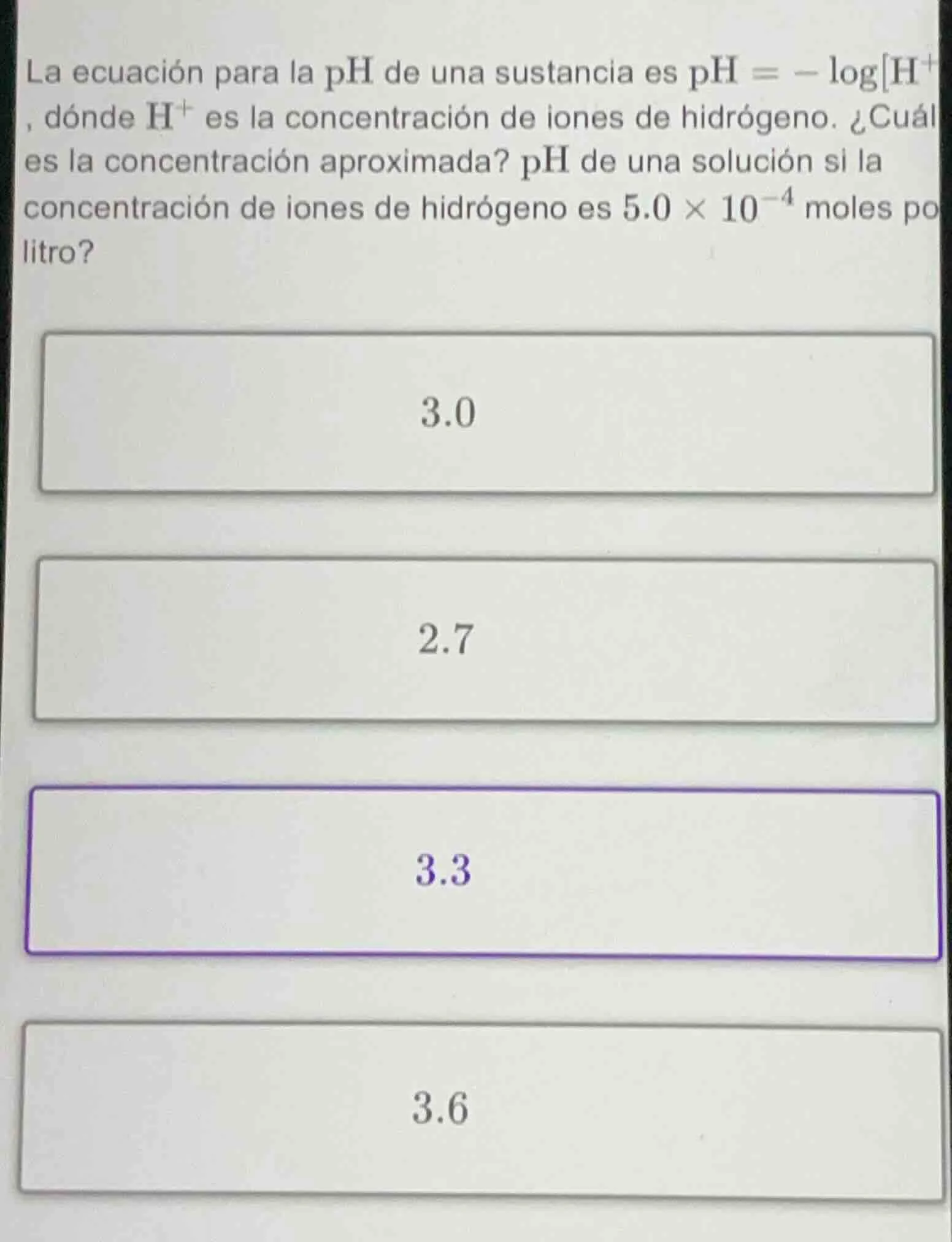 la ecuación para la ph de una sustancia es $\\text{ph} = - \\log\\text{…