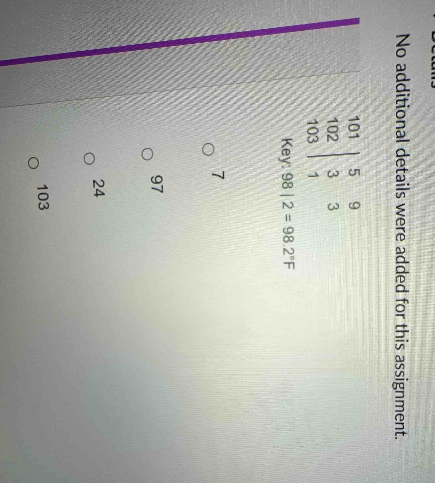 key: 98|2 = 98.2°f 101 5 9 102 3 3 103 1 7 97 24 103 no additional deta…
