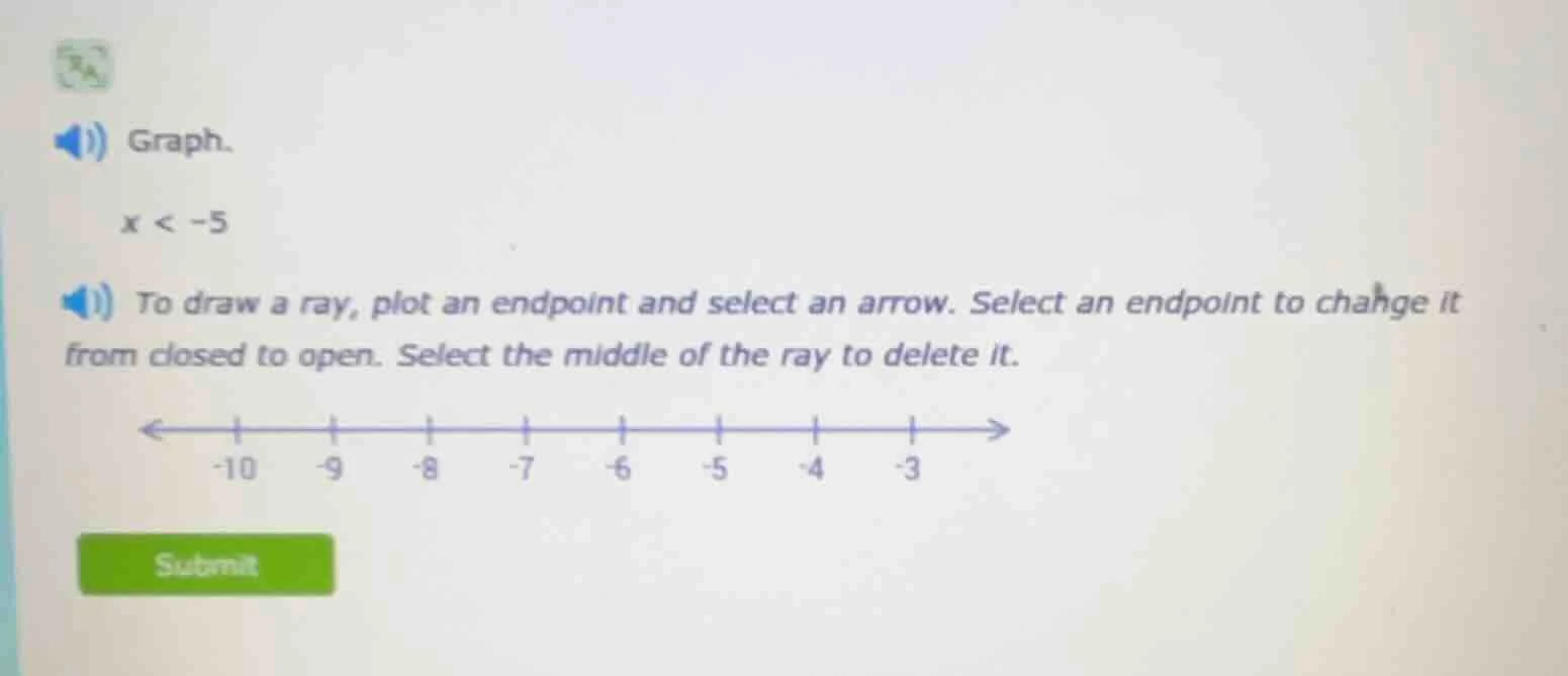 graph. x < -5 to draw a ray, plot an endpoint and select an arrow. sele…