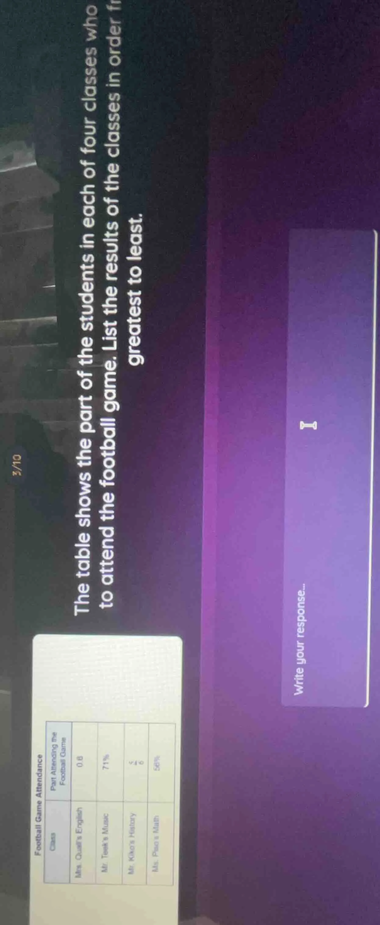 football game attendance the table shows the part of the students in ea…