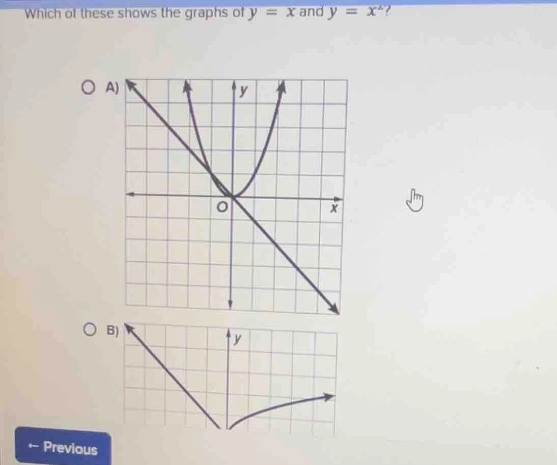 which of these shows the graphs of $y = x$ and $y = x^2$? a) graph b) g…