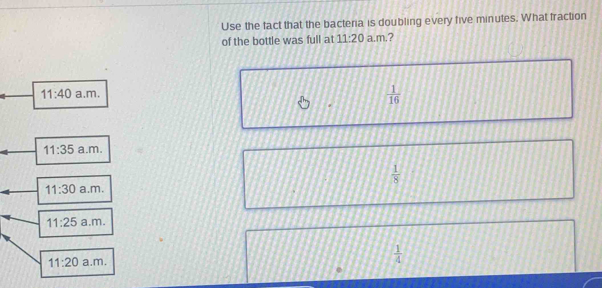 use the fact that the bacteria is doubling every five minutes. what fra…