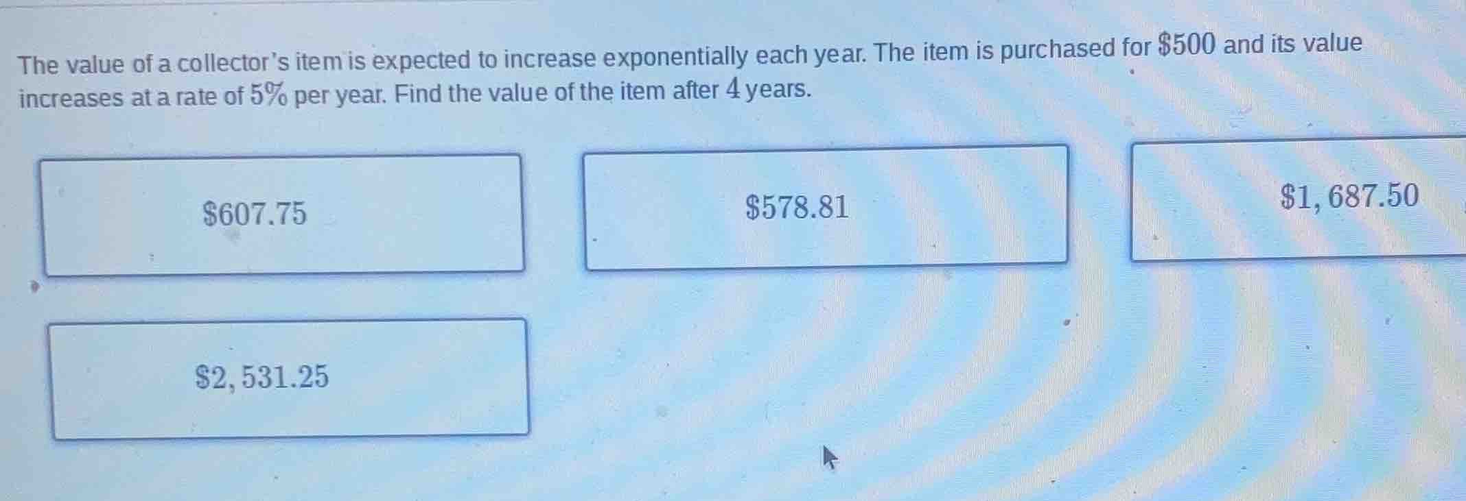 the value of a collectors item is expected to increase exponentially ea…