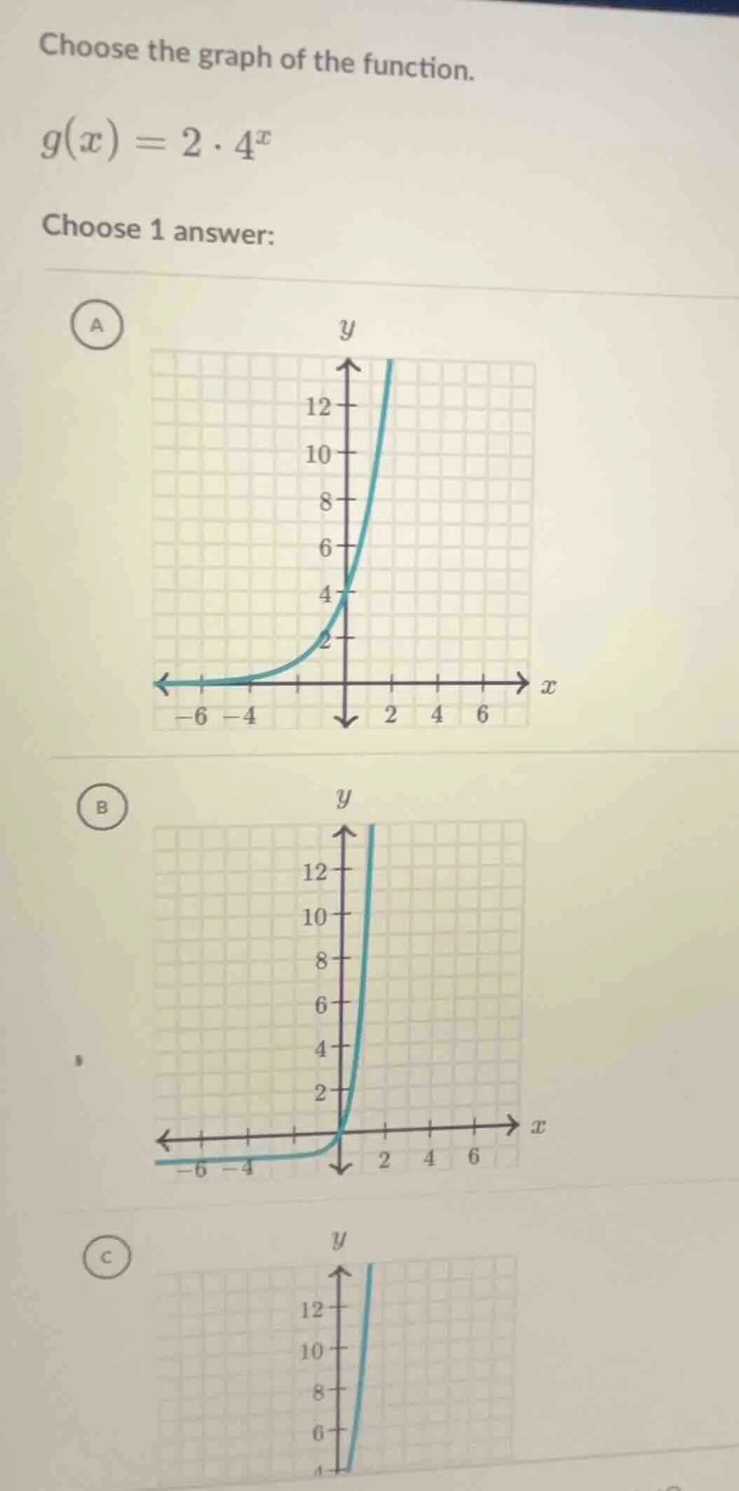 choose the graph of the function. $g(x) = 2 \\cdot 4^x$ choose 1 answer…