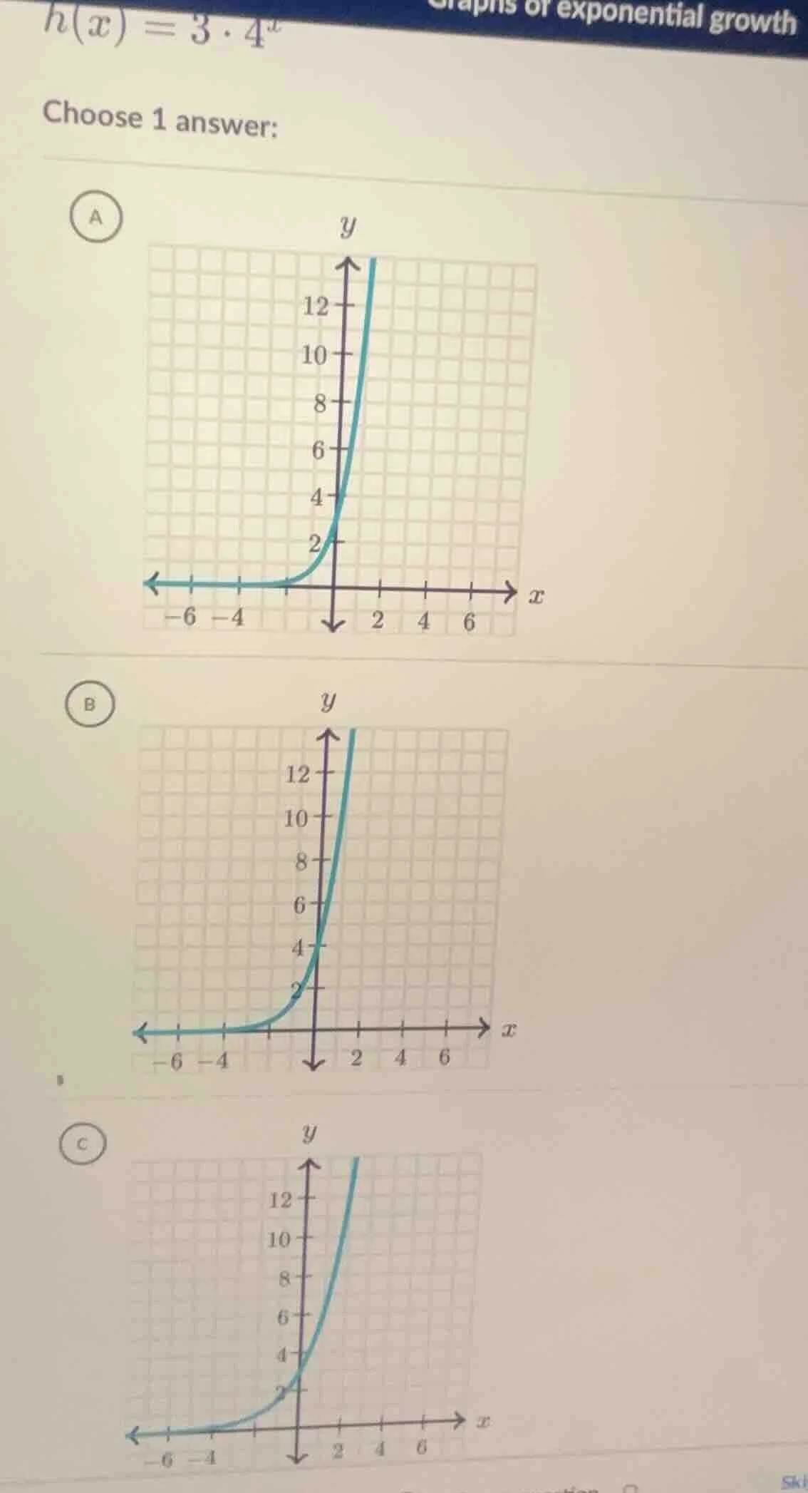 h(x) = 3·4^x choose 1 answer: a graph a b graph b c graph c
