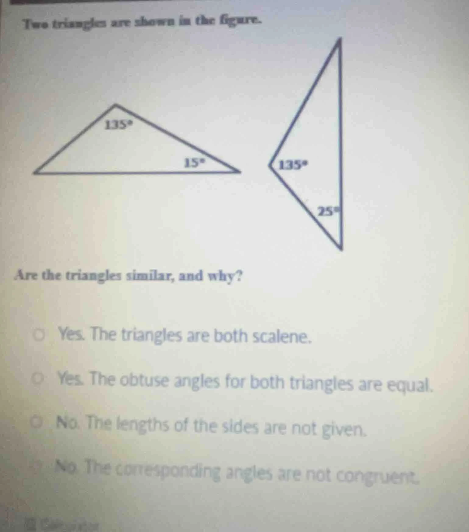 two triangles are shown in the figure. are the triangles similar, and w…