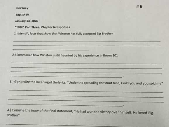 devaney # 6 english iv january 23, 2026 \1984\ part three, chapter 6 re…