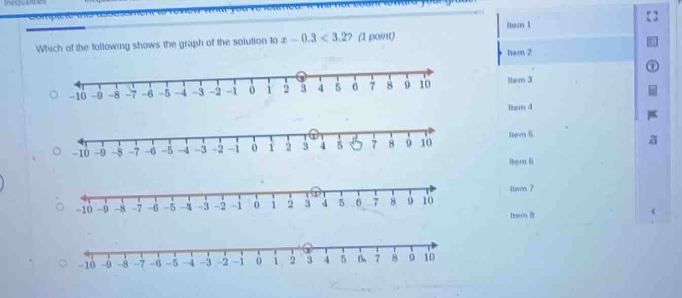 which of the following shows the graph of the solution to ( x - 0.3 < 3…