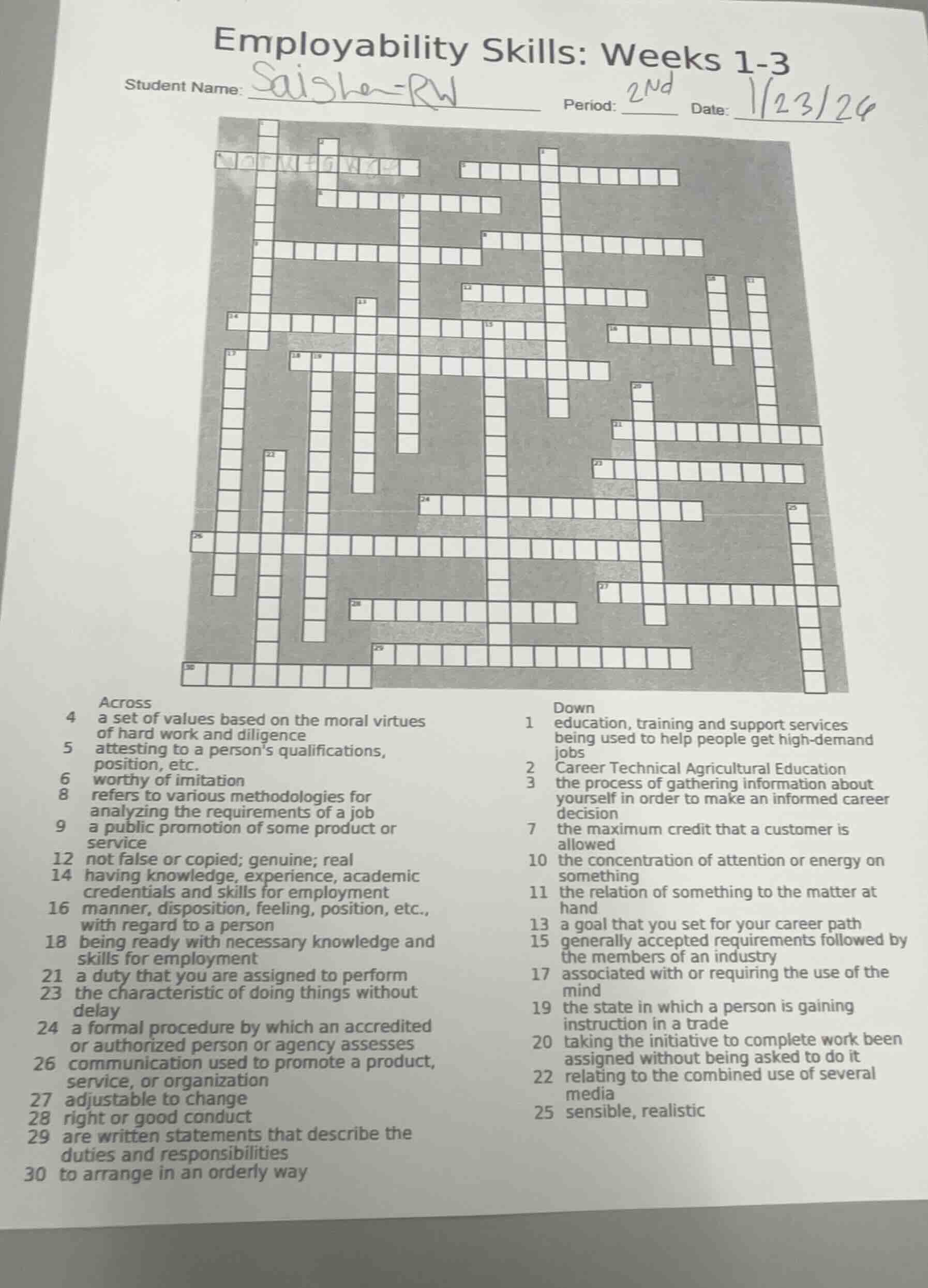 employability skills: weeks 1-3 student name: period: date: across 4 a …