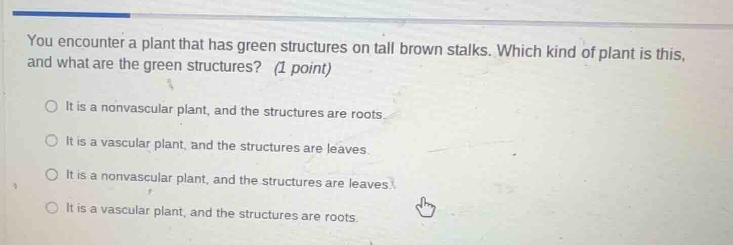 you encounter a plant that has green structures on tall brown stalks. w…