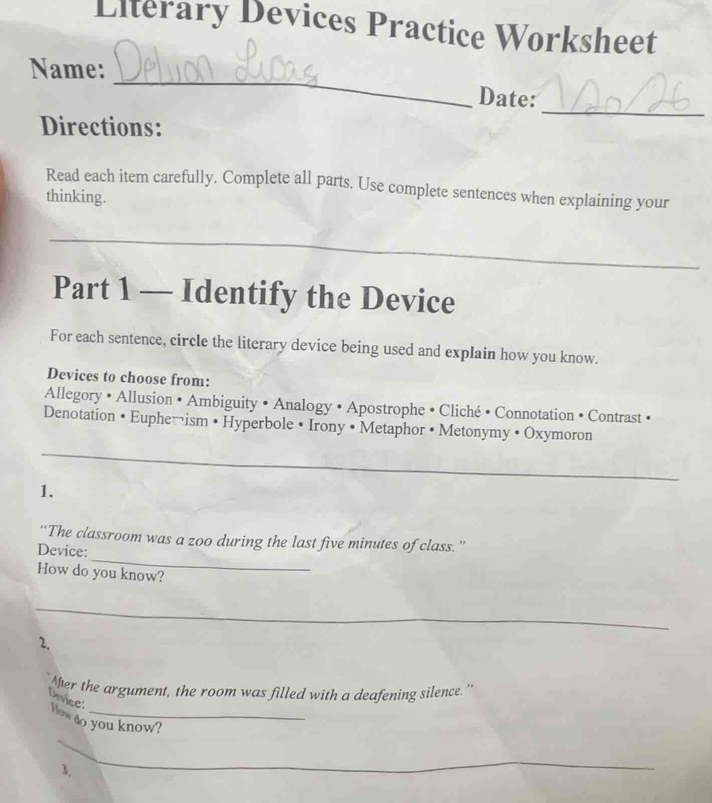 literary devices practice worksheet name: delvon lucas date: 12/26 dire…