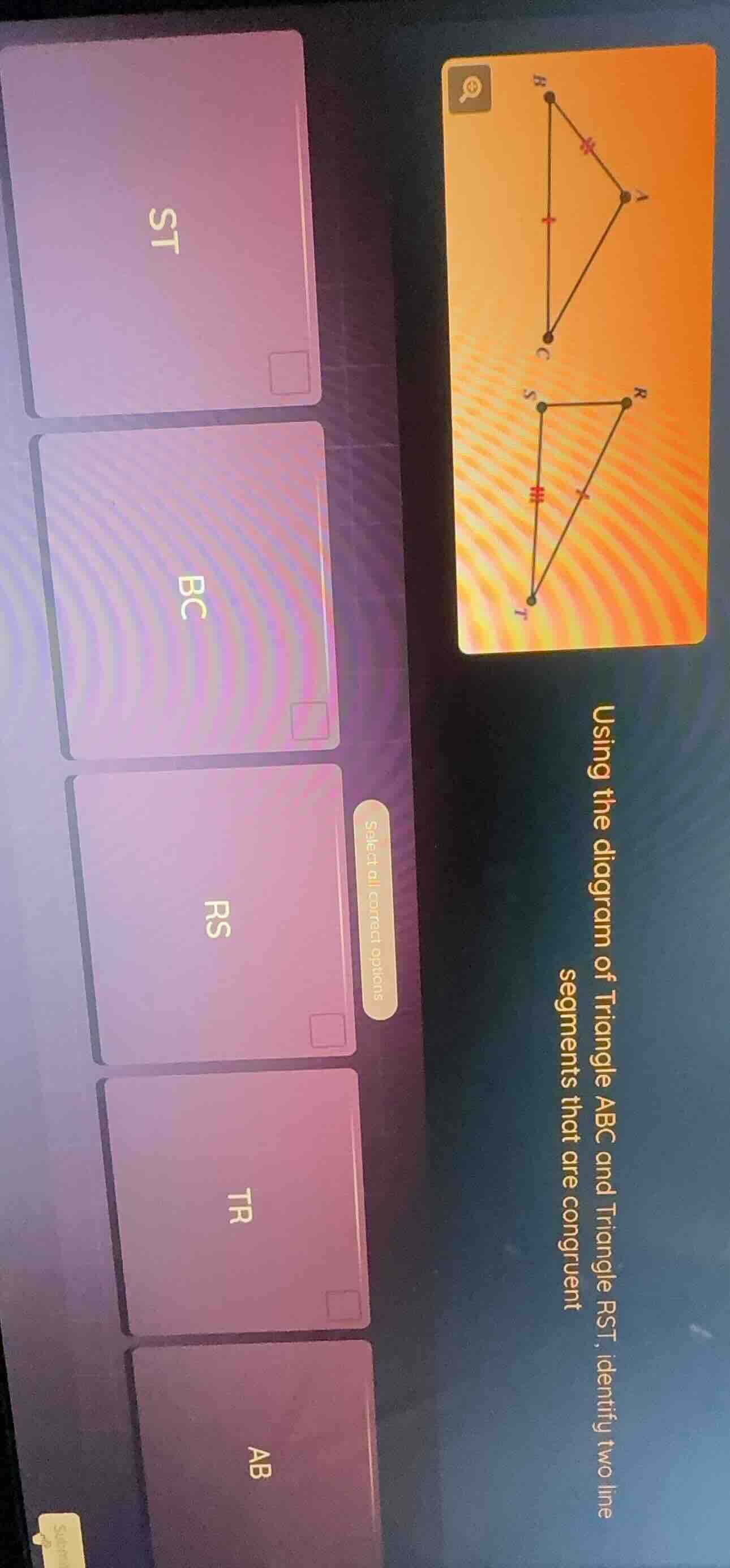 using the diagram of triangle abc and triangle rst, identify two line s…