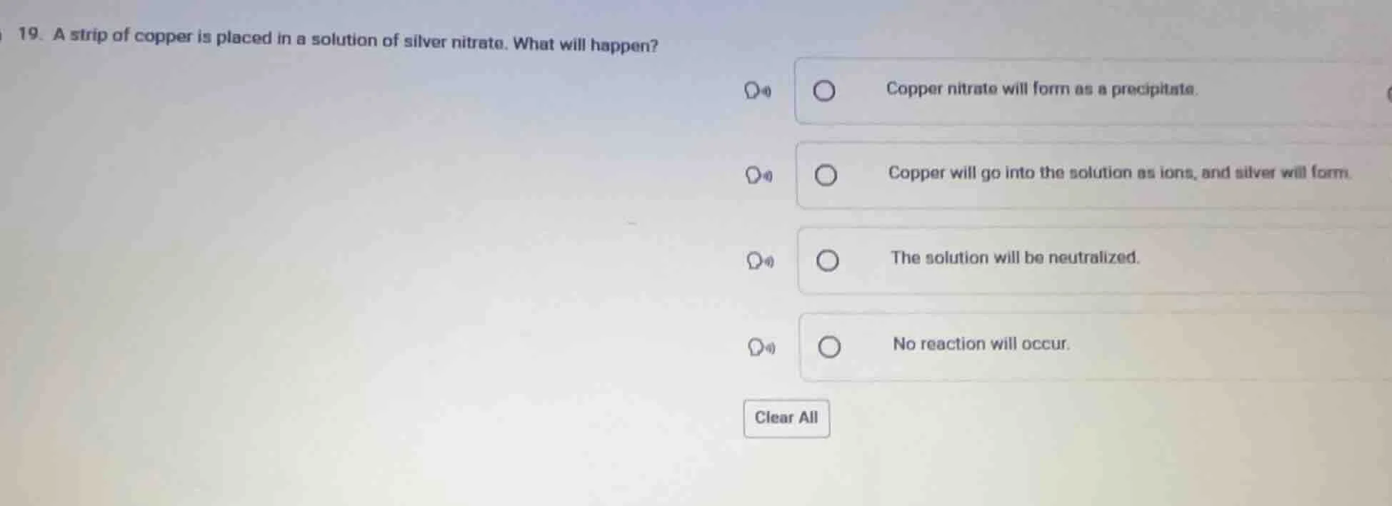 19. a strip of copper is placed in a solution of silver nitrate. what w…