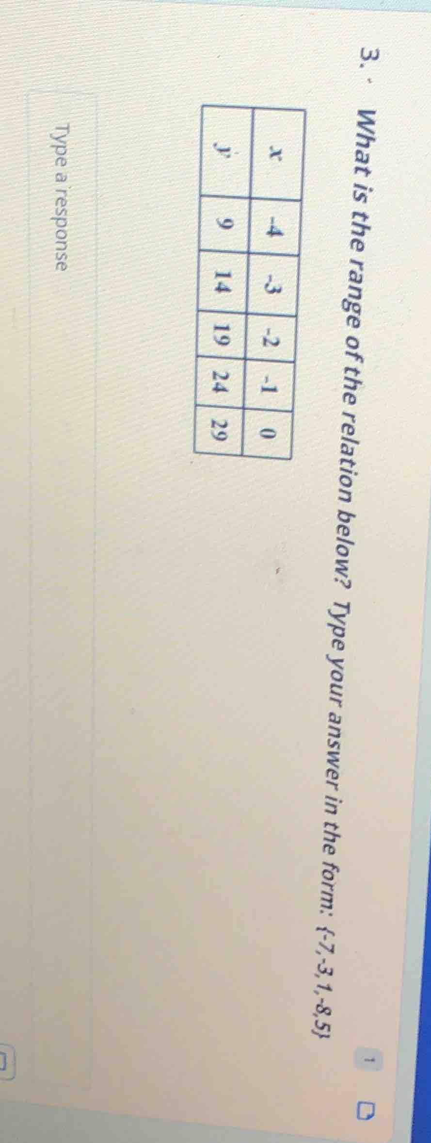 3. what is the range of the relation below? type your answer in the for…