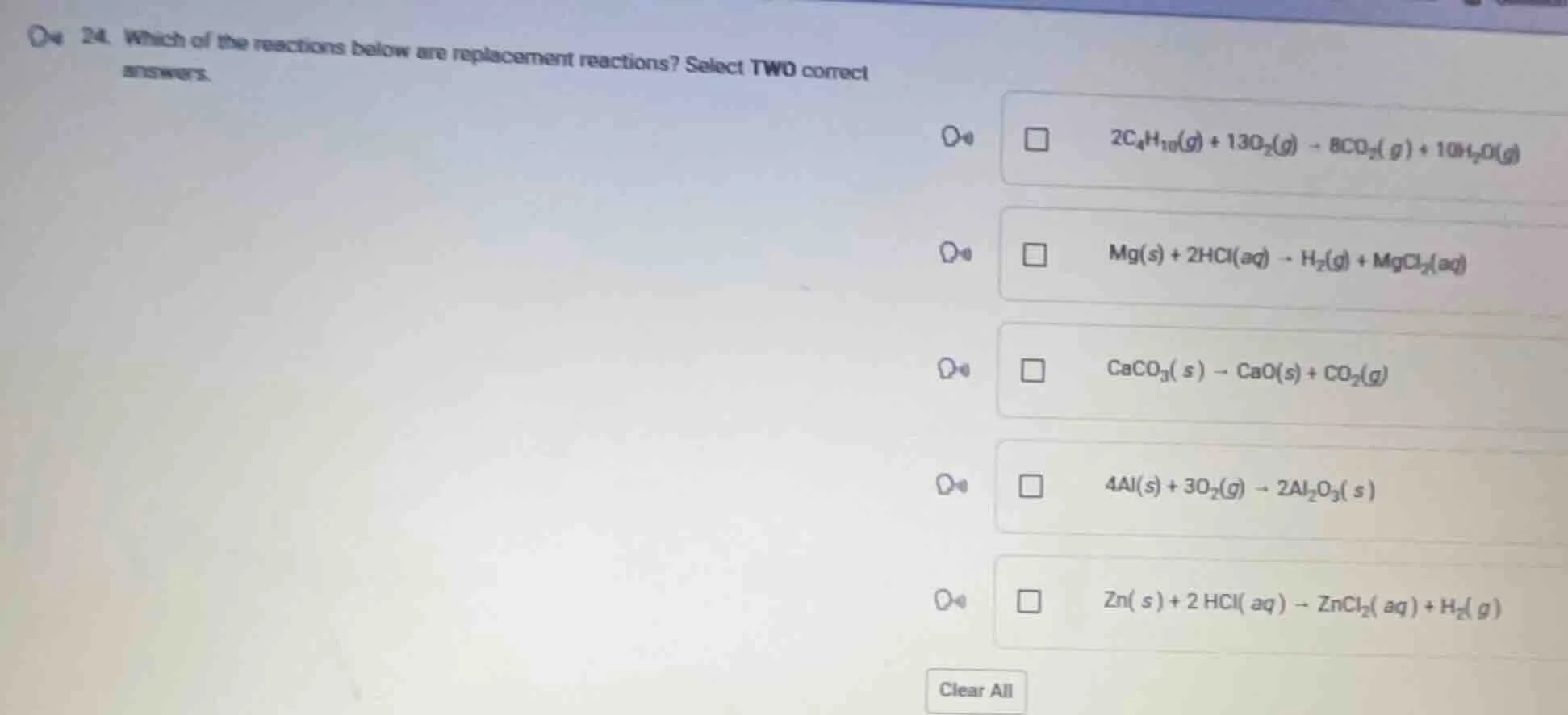24. which of the reactions below are replacement reactions? select two …
